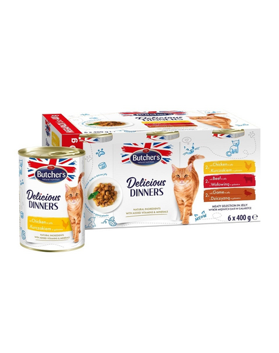 BUTCHER\'S Delicious Dinners Cat Meaty selection in Jelly 6x400 g bucati pui, vita si vanat in aspic pentru pisici