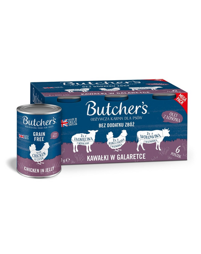 BUTCHER'S Original Recipe in jelly mix ficat sau rinichi 6x400 g bucati vita, miel si pui in aspic, hrana pentru caini