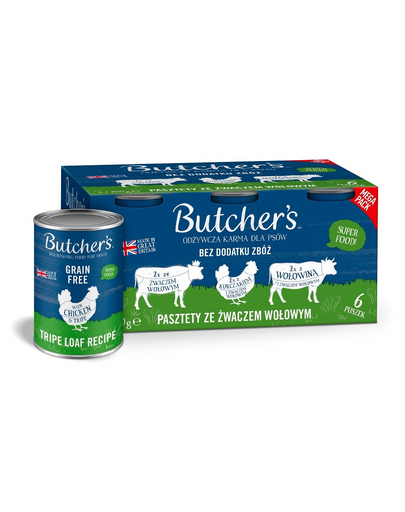 BUTCHER\'S Original Tripe pate pentru caini 6x400 g cu rumen, pui si vita, arome mixte cu rumen de vita