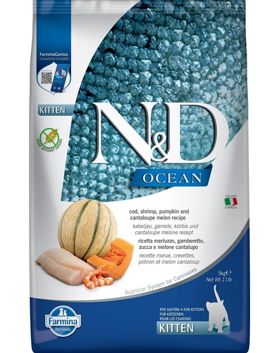 FARMINA N&D Ocean Hrana uscata pisoi, pisici gestante si care alapteaza, cu cod, creveți, dovleac si pepene galben - 5 kg