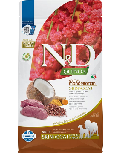 FARMINA N&D Quinoa Dog Adult Medium&Maxi Skin&Coat Venison & Coconut 2,5 kg pentru rase medii si mari