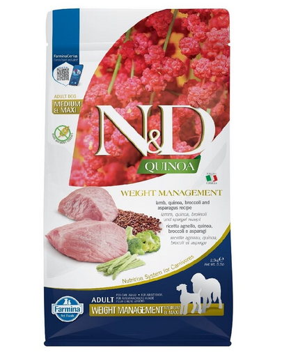 FARMINA N&D Quinoa Dog Adult medium maxi Weight management lamb, broccoli 2,5 kg hrana caini talie medie si mare pentru controlul greutatii, cu miel si brocoli