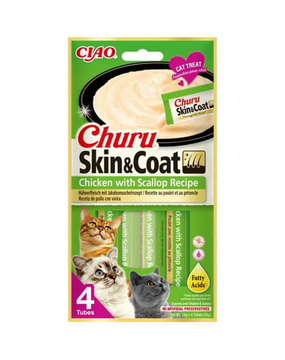 INABA Churu Skin&Coat 4x14g recompense cremoase pui si scoici pentru pisici