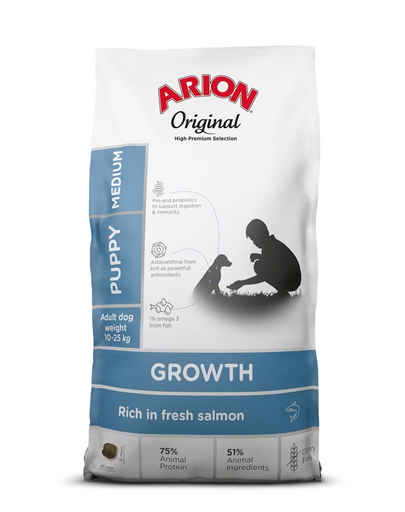 ARION Original Growth Puppy Medium Salmon Rice 12 kg catei talie medie, hrana cu somon