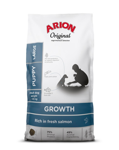 ARION Original Growth Puppy Large Salmon Rice 12 kg cu somon, hrana catel talie mare