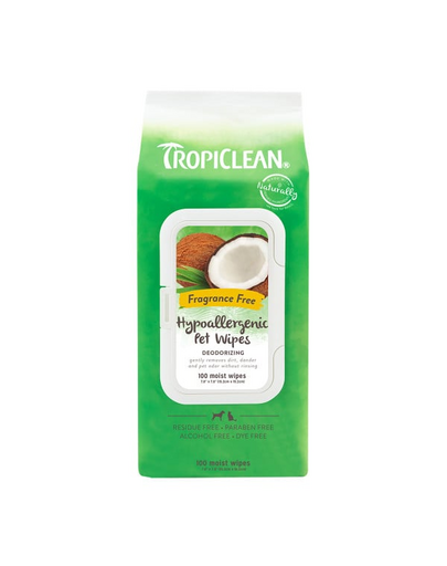 TROPICLEAN Hypoallergenic Wipes 100 buc. servetele hipoalergenice pentru caini si pisici cu piele sensibila