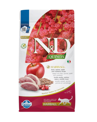 FARMINA N&D Quinoa Cat Hairball Duck, apple, cranberry 1,5 kg Mancare uscata pisica, pentru contreolul ghemotoacelor de blana, cu rata, mere si merisoare