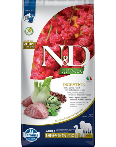 FARMINA N&D Quinoa Dog Adult Medium&Maxi Digestion Lamb & Fennel 7 kg Hrana caini talie mredie si mare cu tulburari digestive, cu miel