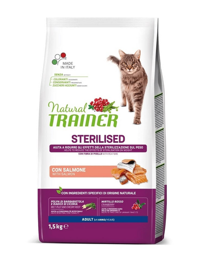 TRAINER Natural Cat Sterilised Adult cu somon 1.5 kg mancare pentru pisici sterilizate