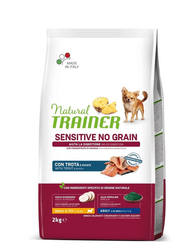 TRAINER Natural Sensitive No Grain Small Toy Adult cu pastrav 2kg hrana caini adulti rase mici si miniaturale