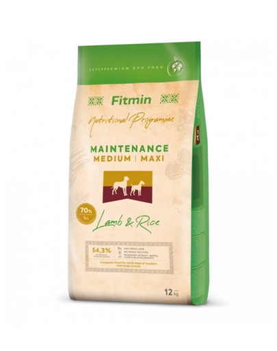 FITMIN Dog Medium Maxi Lamb Rice 12 kg Hrana mono-proteica pentru caini adulti rase medii si uriase, cu miel