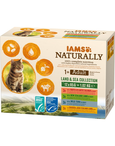 IAMS Naturally Adult Land&amp;sea collection Hrana uscata pentru pisici adulte, cu mix de arome de carne si peste 4 x 85 g