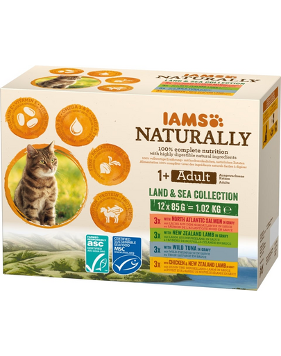 IAMS Naturally Adult Land&sea collection Hrana uscata pentru pisici adulte, cu mix de arome de carne si peste 4 x 85 g