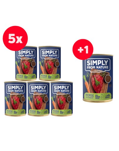 SIMPLY FROM NATURE mancare umeda pentru caini 5 x 400 g + 400 g GRATIS cal, seminte de in si morcov