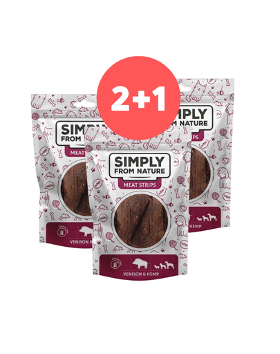 SIMPLY FROM NATURE Meat Strips vanat si canepa gustare caini 2 x 80g + 80g GRATIS