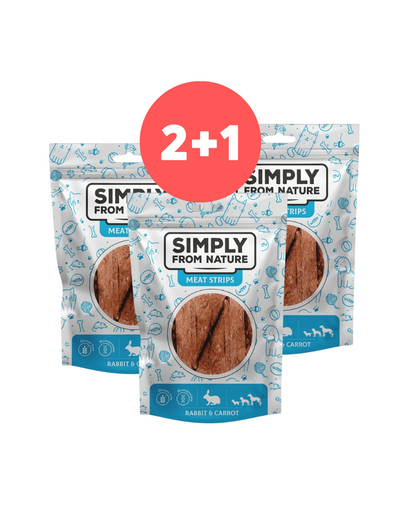 SIMPLY FROM NATURE Meat Strips iepure si morcov snack caini 2 x 80g + 80g GRATIS
