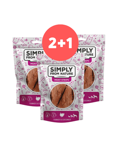 SIMPLY FROM NATURE Meat Strips curcan si cocos recompensa caini 2 x 80g + 80g GRATIS