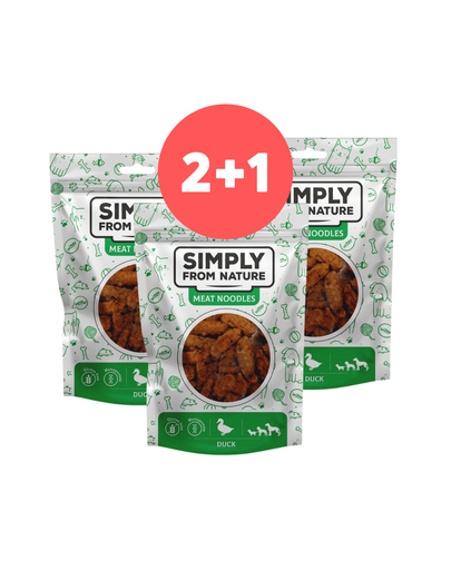 SIMPLY FROM NATURE Meat Noodles recompensa caini cu rata 2 x 80g + 80g GRATIS