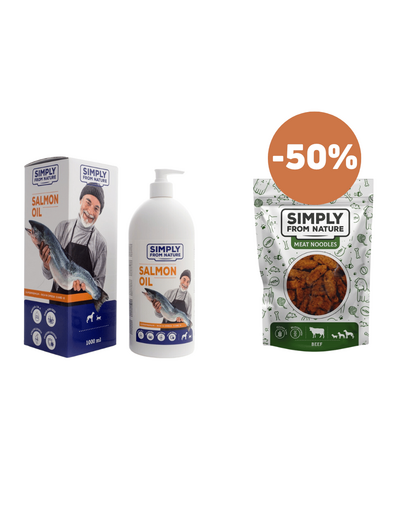 SIMPLY FROM NATURE Salmon oil ulei somon caini si pisici 250 ml + recompensa cu vita 80 g discount 50%