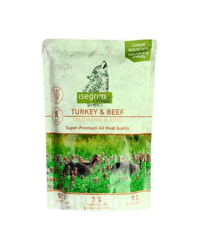 ISEGRIM Junior Mountain Roots hrana catelusi cu vita si curcan 410 g