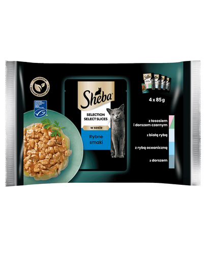 SHEBA Selection in Sauce, Hrana umeda completa pentru pisica, arome mixte de peste 4x 85 g