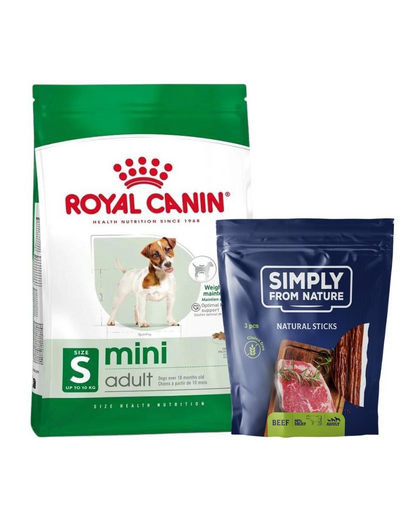 ROYAL CANIN Mini Adult 8kg hrana uscata pentru caini adulti, rase mici + SIMPLY FROM NATURE Sticks vita pentru caini, 3 buc