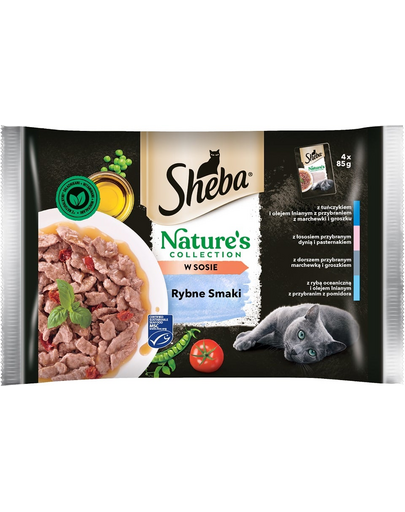 SHEBA Nature’s Collection Hrana umeda pliculet Fish Flavours pentru pisici adulte in sos, ton si ulei de in 52x85g