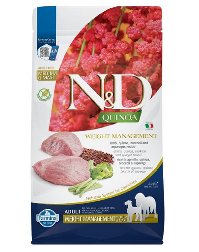 FARMINA N&amp;D Quinoa Dog Adult medium maxi Weight management lamb, broccoli 2,5 kg hrana caini talie medie si mare pentru controlul greutatii, cu miel si brocoli