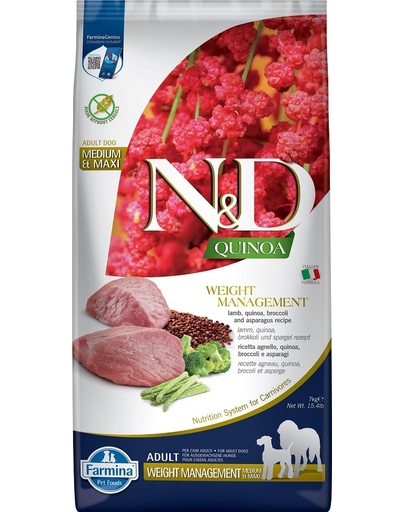 FARMINA N&D Quinoa Dog Adult Medium&Maxi Weight Management Lamb & Broccoli 7 kg Hrana pentru caini, pentru reducerea greutatii, cu miel si brocoli