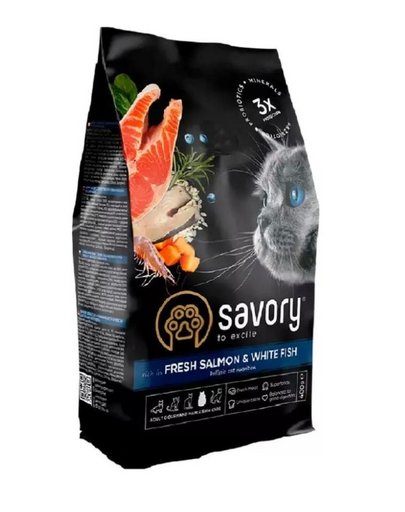 SAVORY Adult Cat Hair Skin 400 g hrana pisica cu somon si peste alb pentru piele si blana