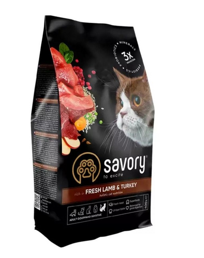 SAVORY Adult Cat Sensitive 400 g hrana cu miel si curcan pentru pisici cu sistem digestiv sensibil