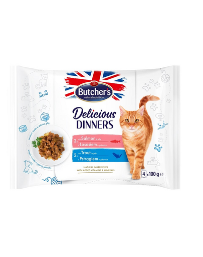 BUTCHER'S Delicious Dinners hrana plic pisici adulte, in aspic 4x100g cu somon, cu pastrav