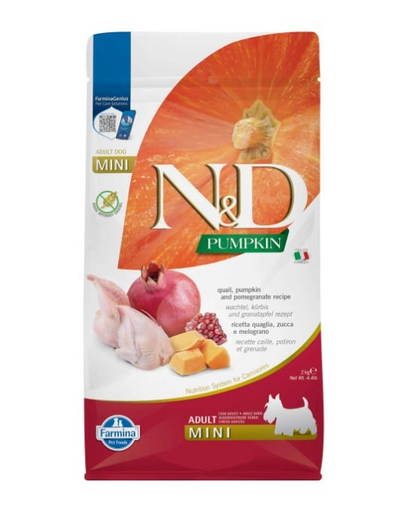 FARMINA N&D Pumpkin Dog Adult mini Quail, pumpkin, pomegranate 2 kg Mancare uscata caini talue mica, cu prepelita, dovleac si rodie