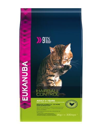 EUKANUBA Cat Hairball Control Adult All Breeds Chicken & Liver Hrana uscata pentru pisici adulte, impotriva formarii ghemelor de blana 2 kg