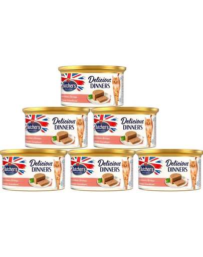 BUTCHER\'S Classic Delicious Dinners 6x85 g mousse pisica, somon si creveti