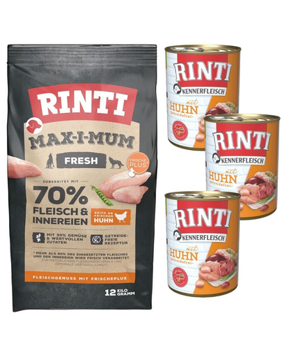 RINTI MAX-I-MUM Chicken cu pui, pentru caini 12 kg + Kennerfleisch Chicken hrana umeda 3x400 g