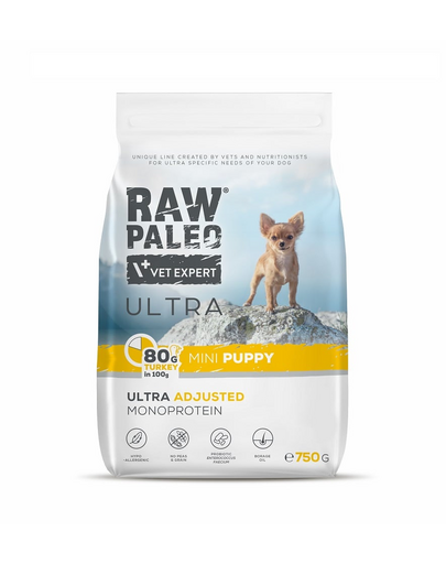 RAW PALEO Ultra Turkey Mini Puppy 750g hrana catei rasa mica, din curcan