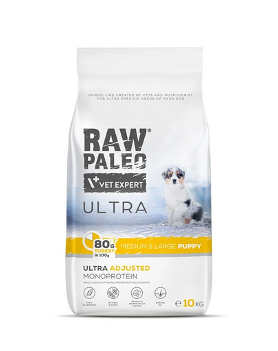 RAW PALEO Ultra Turkey Medium&Large Puppy 10kg Sac hrana catei talie medie si mare, cu curcan