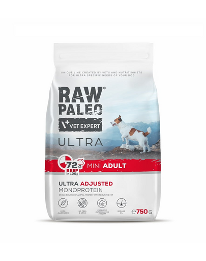 RAW PALEO Ultra Beef Mini Adult 750g pentru caini adulti rasa mica, cu vita