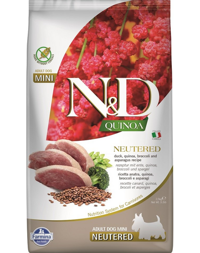 FARMINA N&D Quinoa Hrana pentru caini sterilizati de talie mica, cu rata, broccoli si sparanghel 2,5 kg