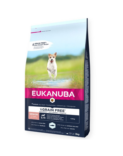 EUKANUBA Grain Free Senior Small/medium Ocean fish 3 kg hrana caini seniori talie mica/medie, bogat in peste oceanic