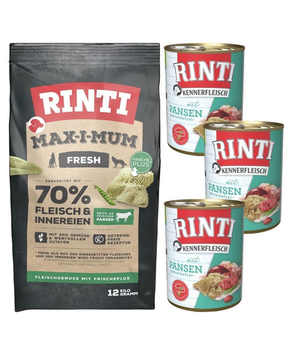 RINTI MAX-I-MUM Rumen hrana caine adult 12 kg + Kennerfleisch Rumen hrana umeda 3x400 g