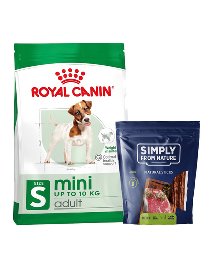 ROYAL CANIN Mini Adult 8kg hrana uscata pentru caini adulti, rase mici + SIMPLY FROM NATURE Sticks vita pentru caini, 3 buc