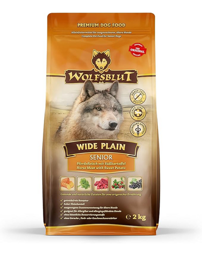 Hrana pentru caini batrani cu alergii WOLFSBLUT Wide Plain Senior 12,5 kg carne de cal si cartofi dulci