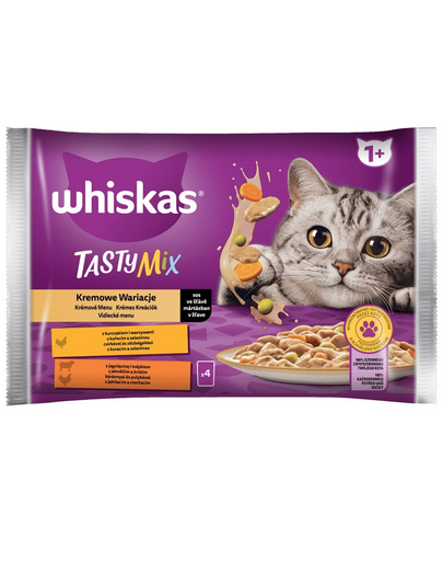 WHISKAS Tasty Mix hrana in sos pentru pisica adulta 4x85g Varietate cremoasa cu pui, miel si curcan