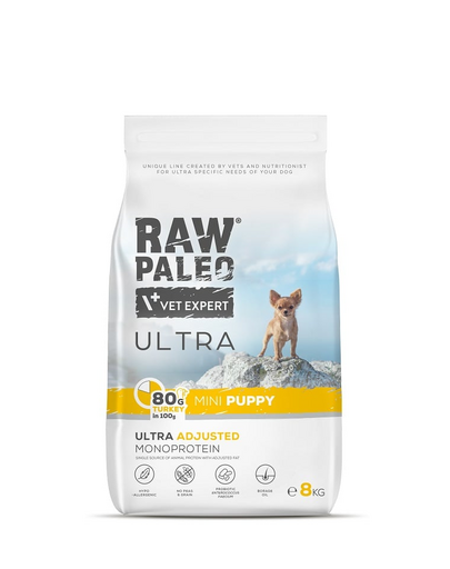 RAW PALEO Ultra Turkey Mini Puppy 8kg Hrana uscata catei talie mica, cu curcan