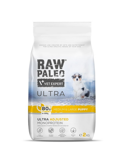 RAW PALEO Ultra Turkey Medium&Large Puppy 2kg hrana catelusi de rasa medie si mare, din curcan