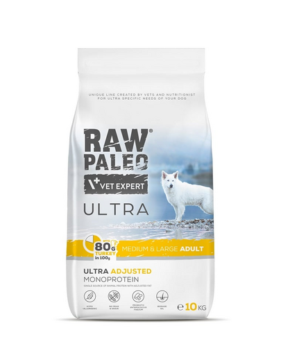 RAW PALEO Ultra Turkey Medium&Large Adult 10kg Sac mancare caini talie medie si mare, cu curcan