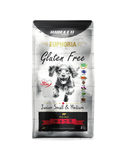 BIOFEED EUPHORIA Gluten Free Sac hrana fara gluten, catel talie mica si medie, cu vita 12 kg