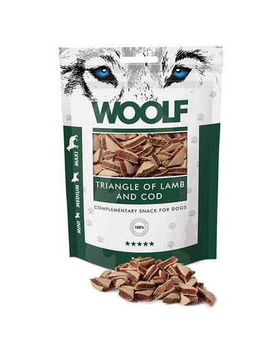 WOOLF Lamb And Cod Triangle 100g miel si cod, gustare pentru caini